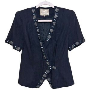 Double D Ranch Wear Beaded Western Jacket Small Black Short Sleeve Linen Blend